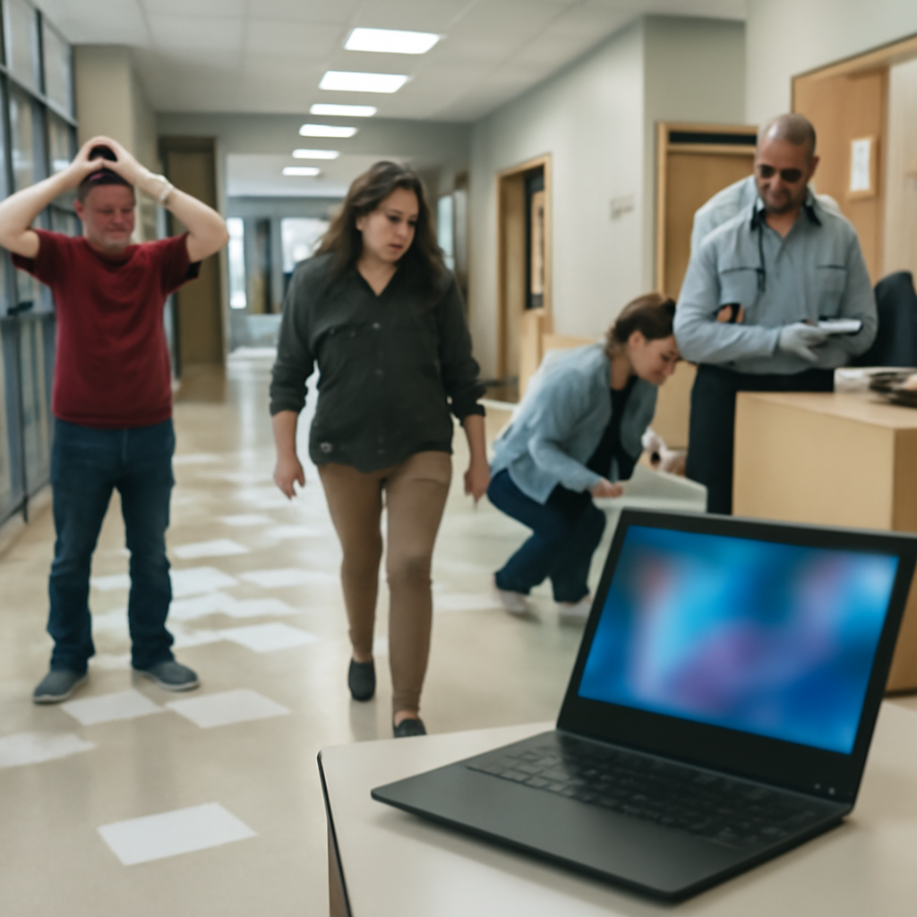 High school hallway with scattered papers and concerned people, laptop screen blurred in foreground.