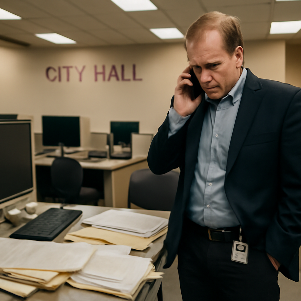 City employee stands by cluttered desk, looking concerned, with computer workstations in background.