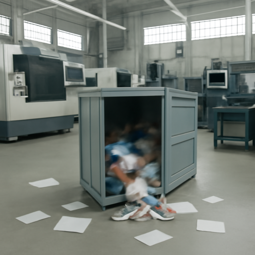 Industrial machines and workstations in a manufacturing facility with a partially open shipping container in the foreground.