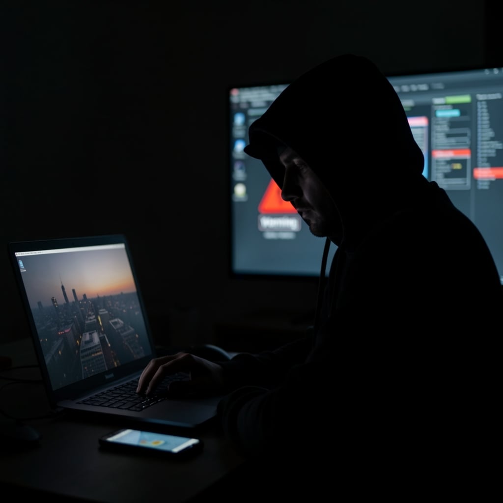 Shadowy figure in a hoodie sits in front of laptop with distorted cityscape on screen, hands near keyboard and phone nearby.