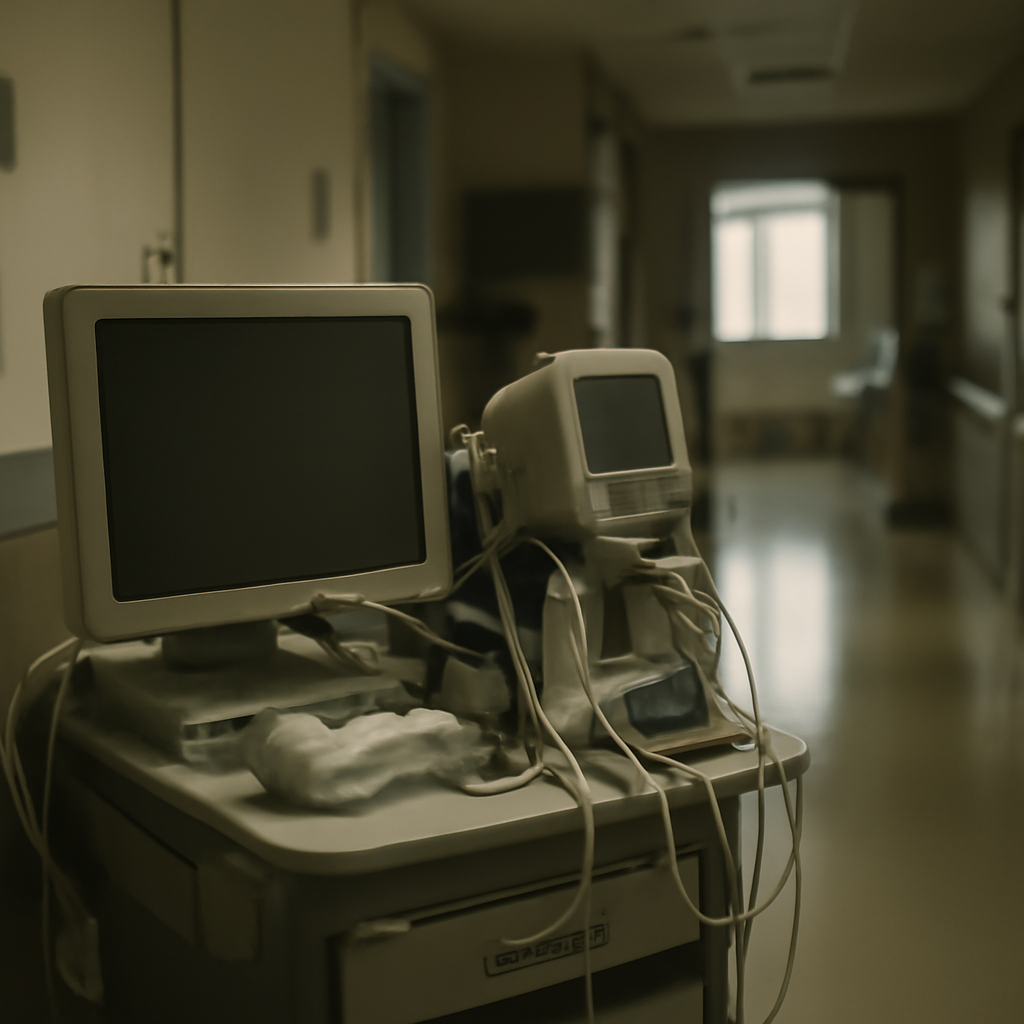 Medical equipment and a computer terminal sit on a cluttered counter in a hospital setting.