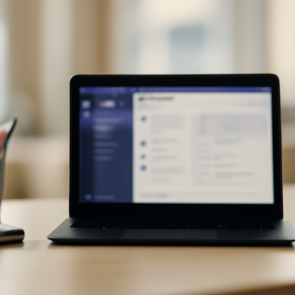 Blurred laptop screen showing Microsoft Teams on a plain surface with office supplies nearby.