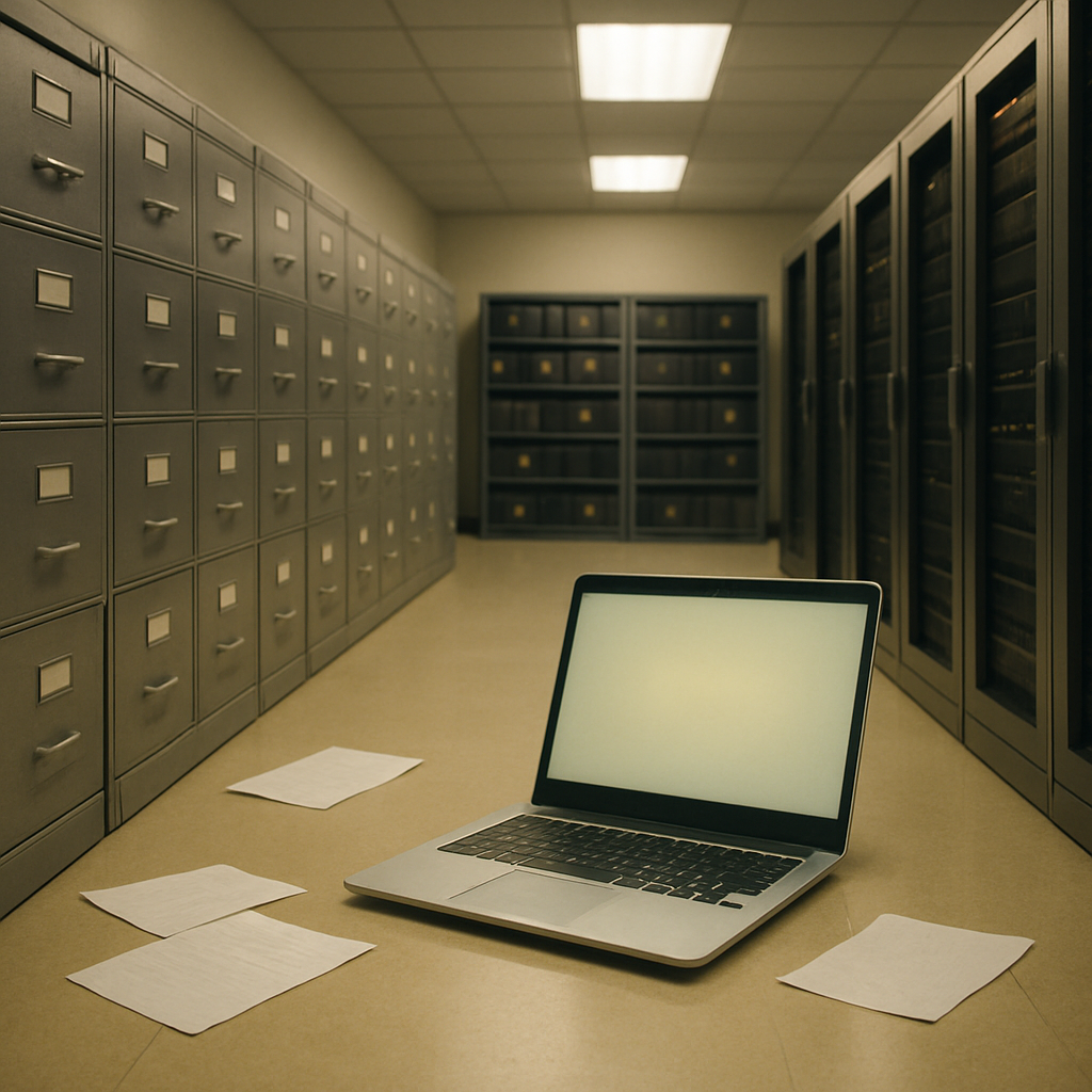 Data storage room with rows of file cabinets and servers, and an open laptop in the foreground.