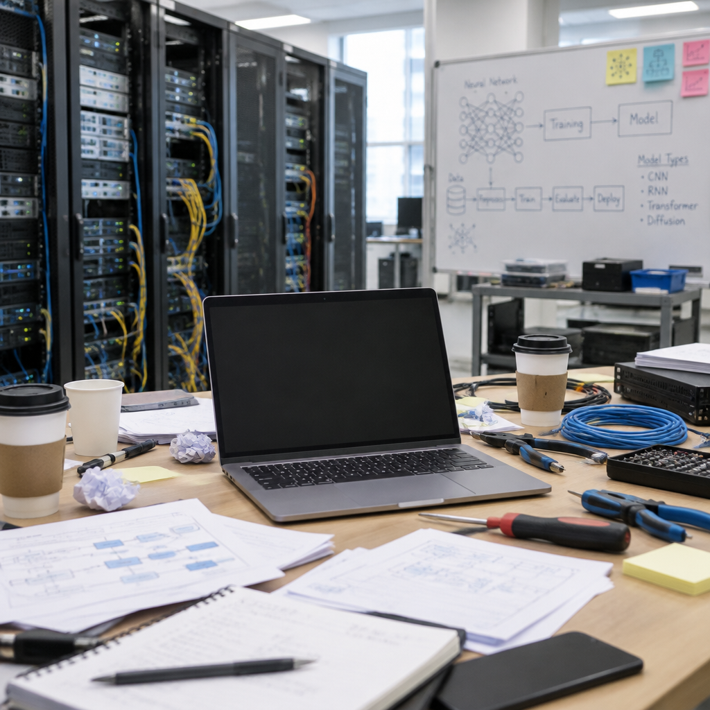 Modern server room with rows of computer equipment and a partially open laptop in the center.