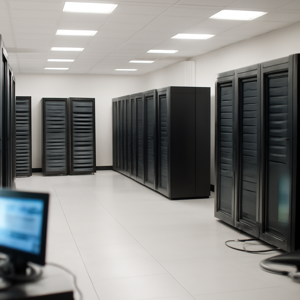 Empty server racks and storage units in a brightly-lit data center with scattered computer equipment on the floor.