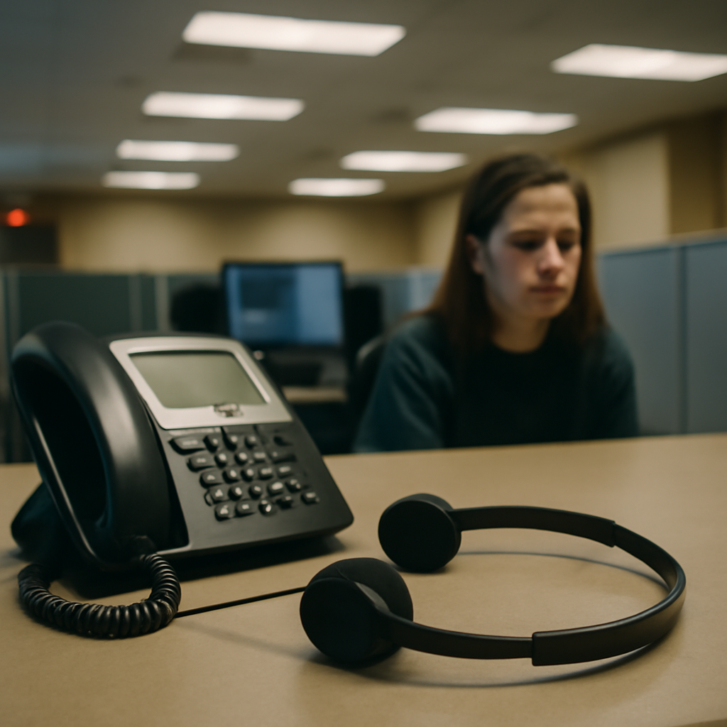 Helpdesk workers surrounded by cubicles, phones, and fluorescent lighting, with an atmosphere of unease and vulnerability.