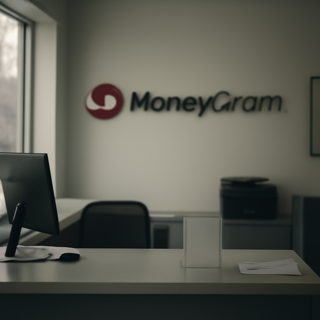 MoneyGram storefront interior with blurred financial services counter and natural light.