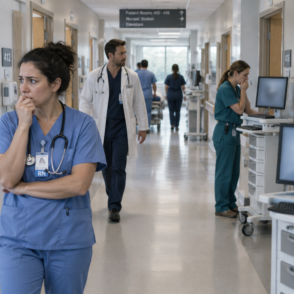 Hospital corridor with medical staff and concerned expressions under soft daylight.