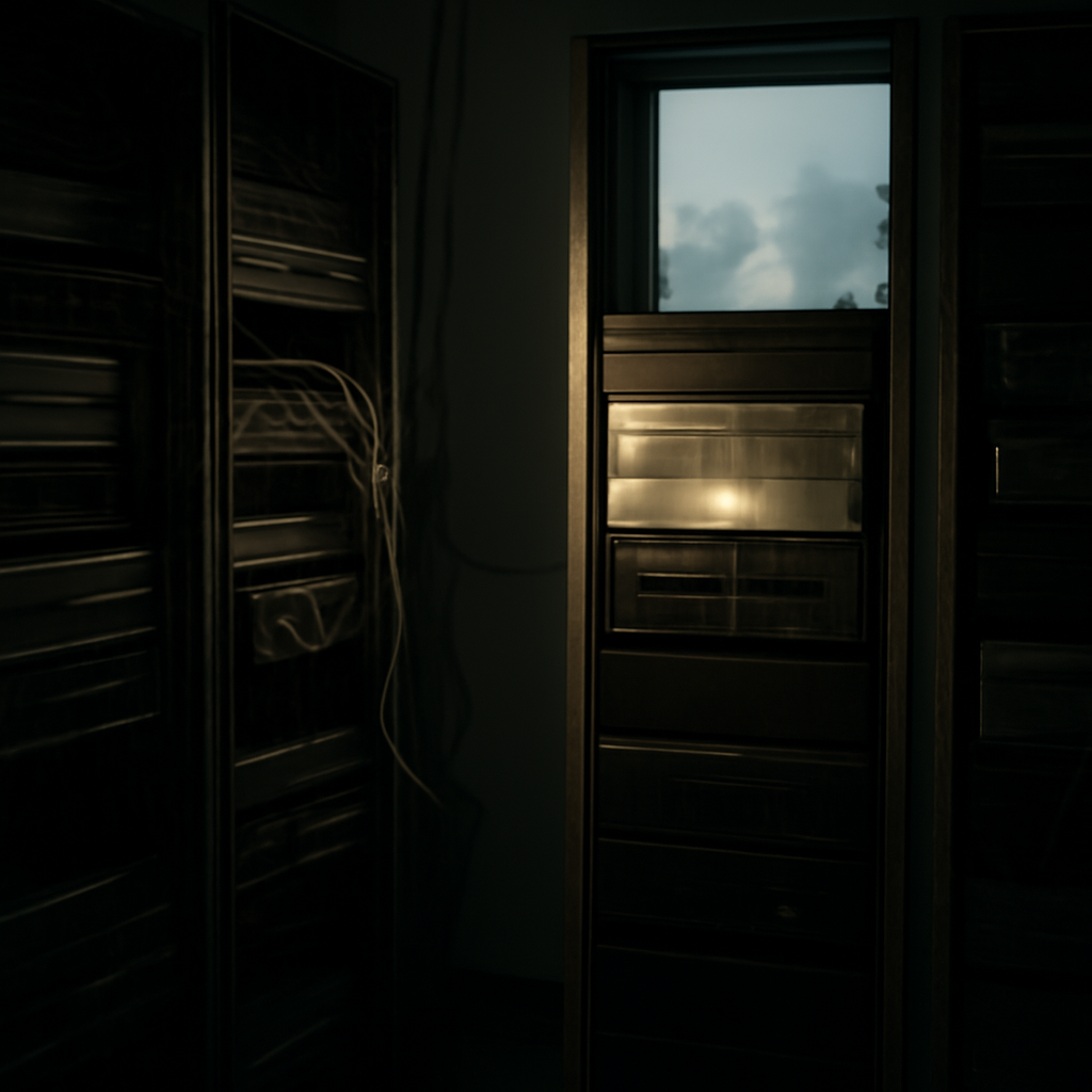 Dimly lit server room with rows of computer servers, one device highlighted in brighter light.