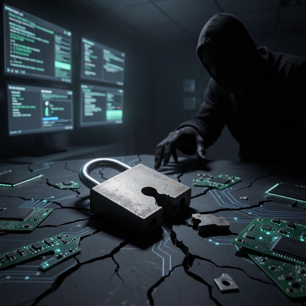 A broken padlock lies on a cracked digital surface amidst glowing circuit fragments and ominous screens, with a faceless…