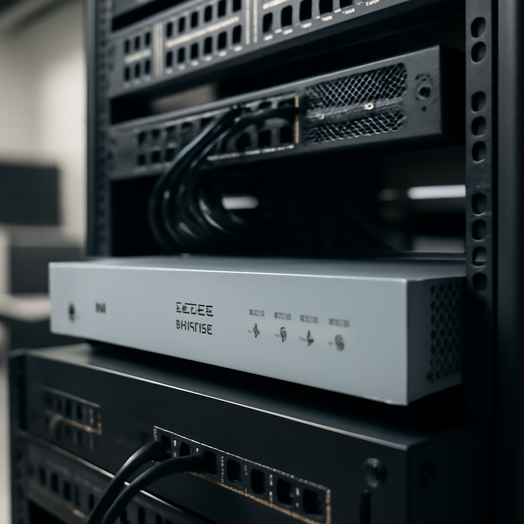 Rack-mounted networking equipment, including a remote-access gateway device, in a well-lit IT room with a blurred…