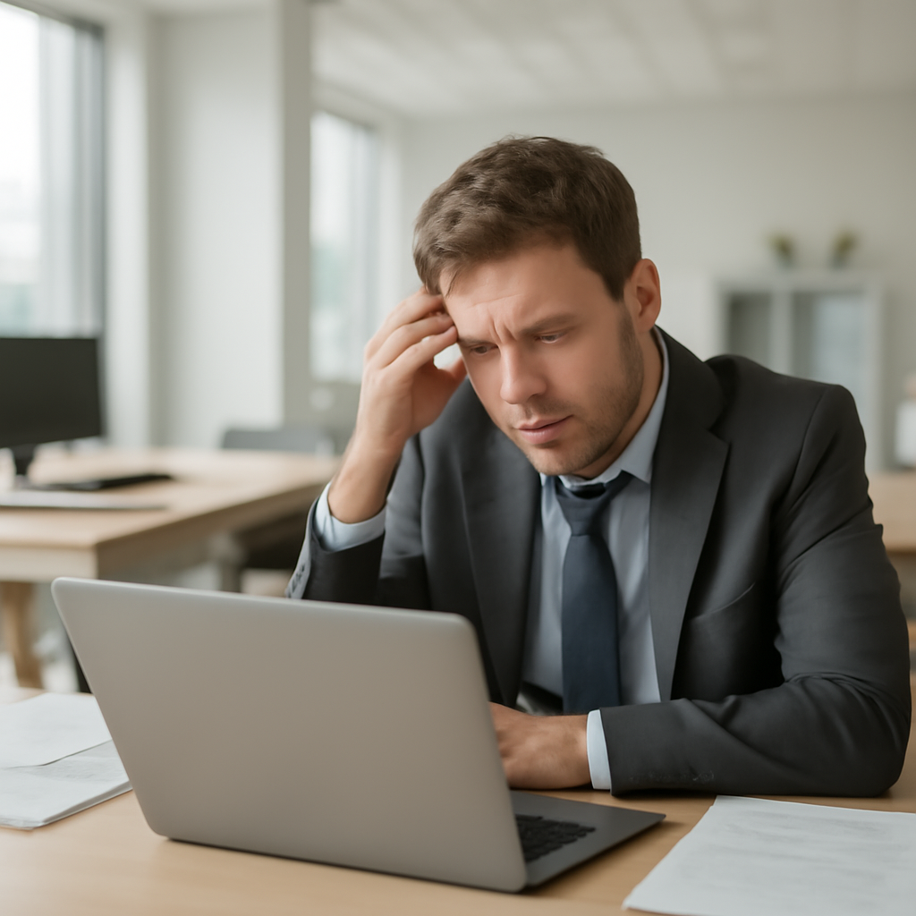 Businessperson looks concerned while staring at laptop screen in office setting.