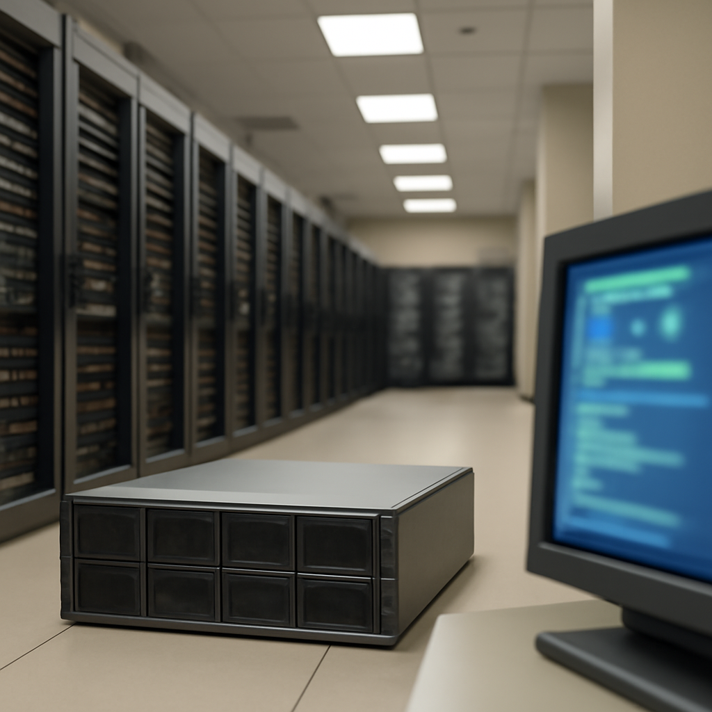 Server room interior with rows of equipment and a single device in the foreground.