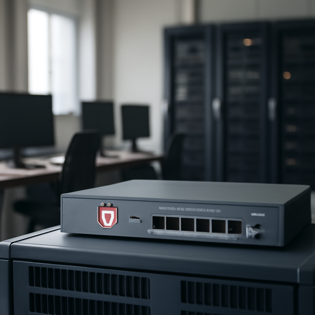 Network operations room with firewall device centered in foreground.