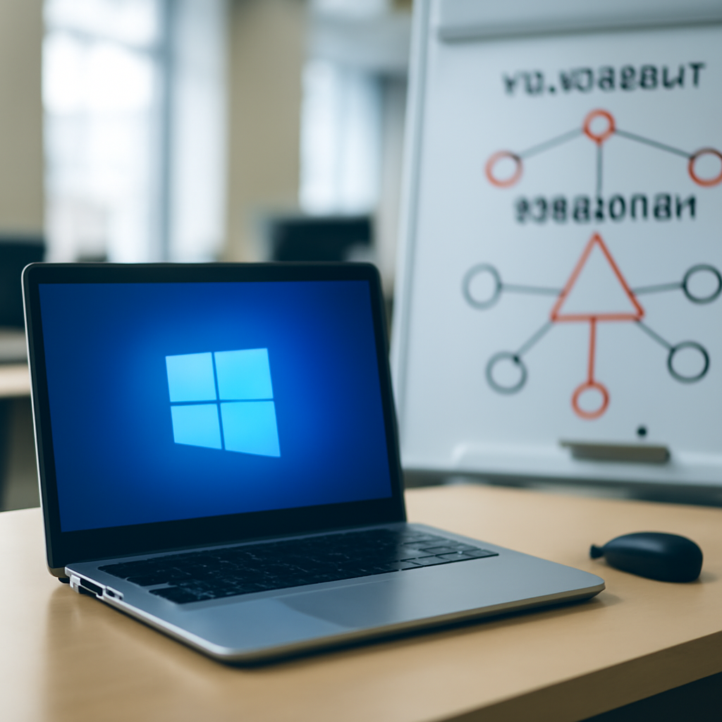 Windows computer setup on office desk with laptop and keyboard in focus, near a whiteboard with network diagram.