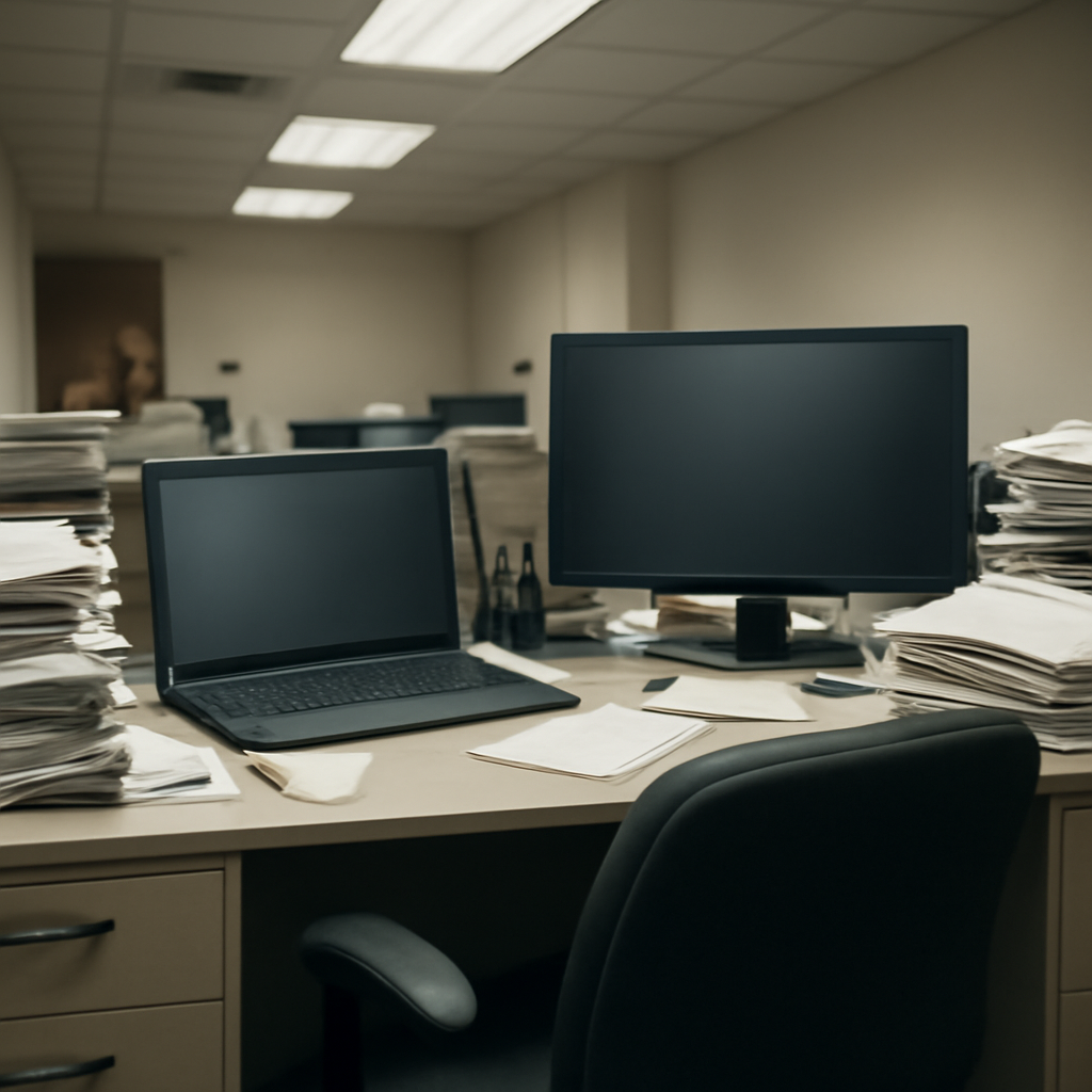 Cluttered office workstation with laptop and monitor on desk.