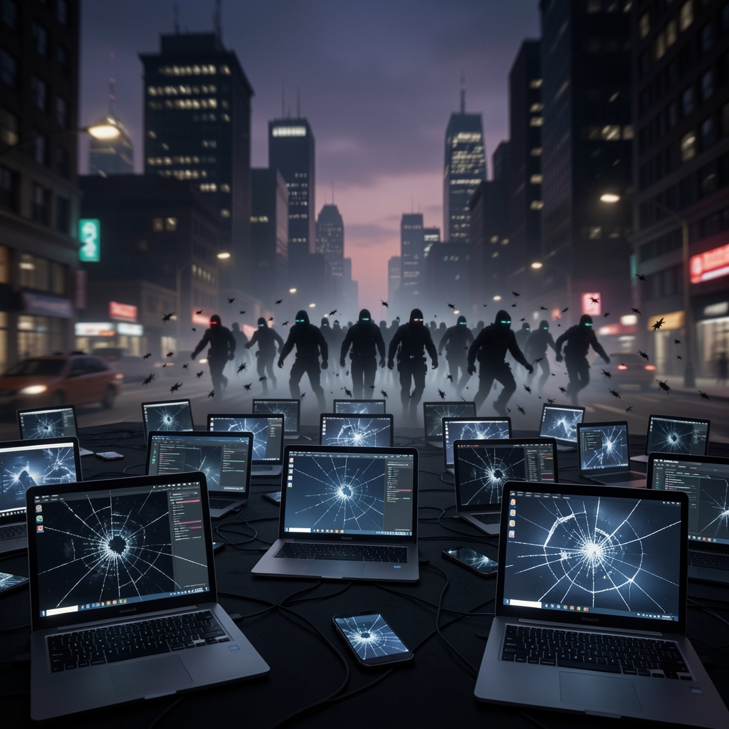 Dark cityscape with glowing screens in foreground and shadowy figures dispersing rapidly in distance.