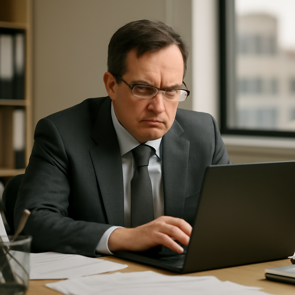 Mid-level manager looks concerned while gazing at laptop screen in office setting.