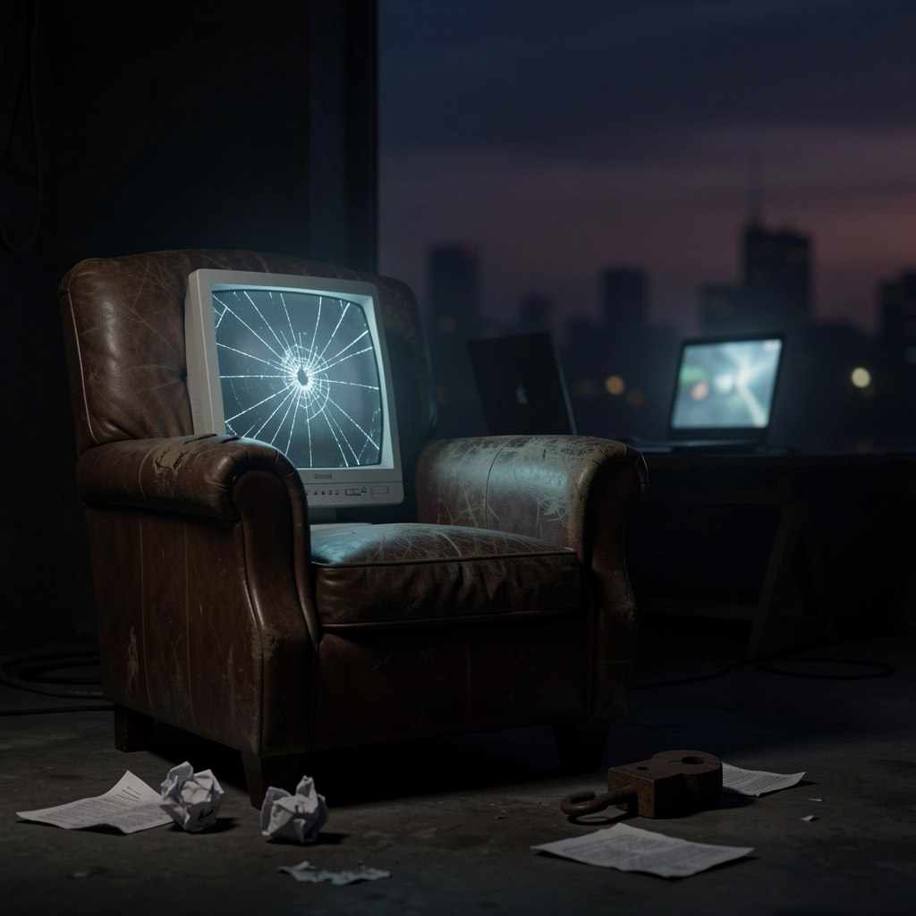 Worn leather armchair sits beside a cracked, glowing computer screen with scattered papers and a broken lock on a dark,…