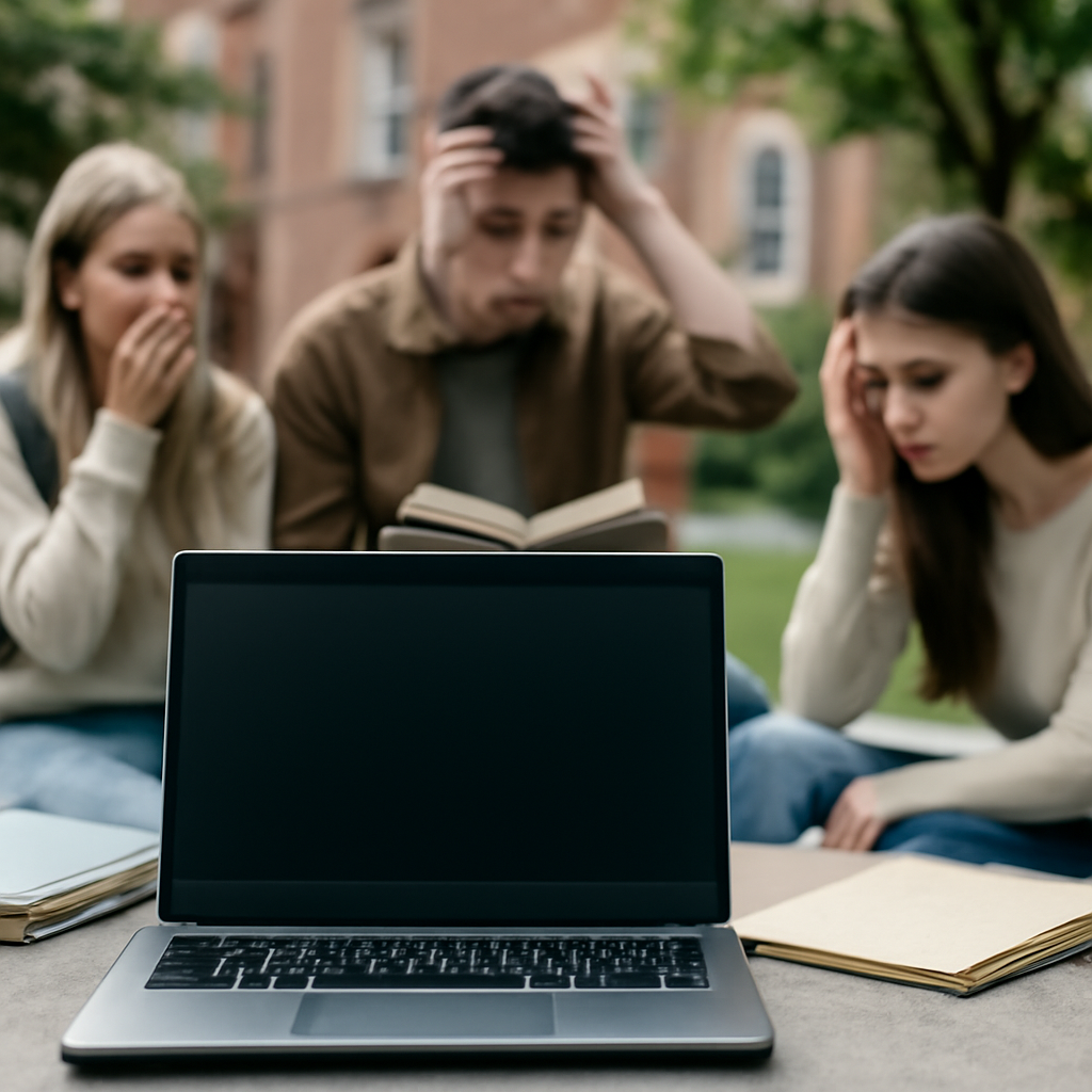 Blurred laptop screen surrounded by scattered educational materials on a university campus.