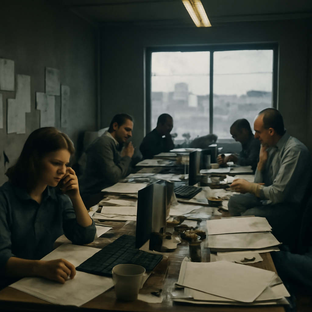 Cramped office with people at desks surrounded by clutter and technology.