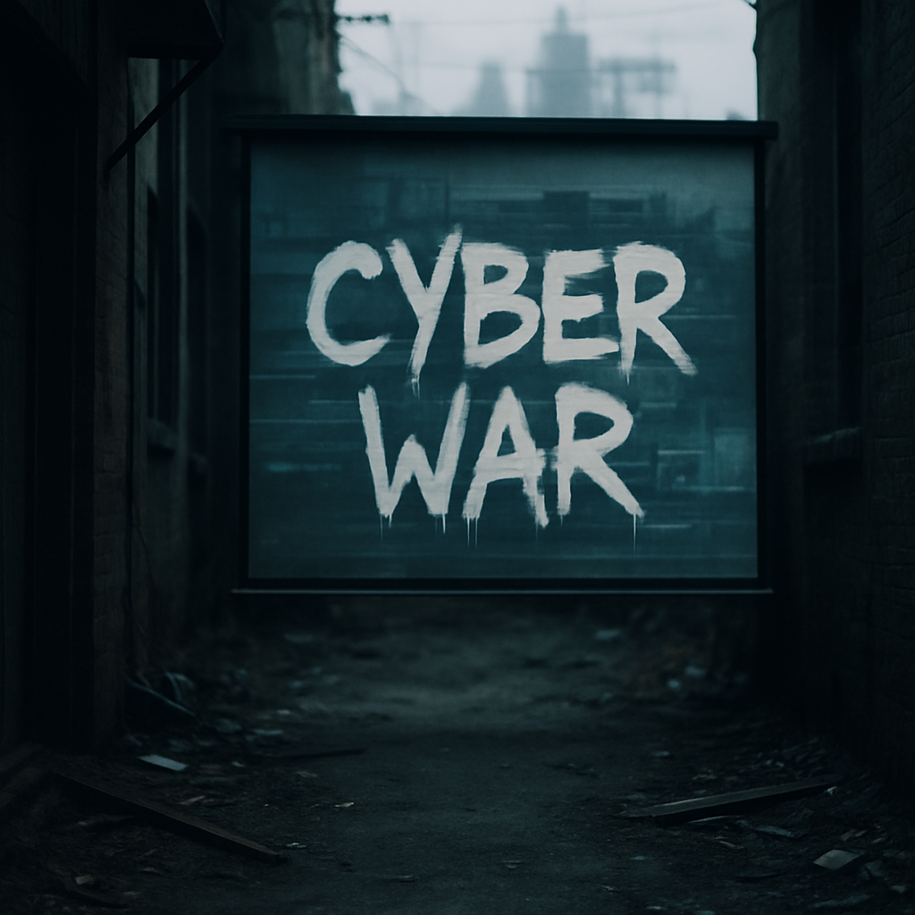 Dark alleyway with defaced computer screen displaying bold message.