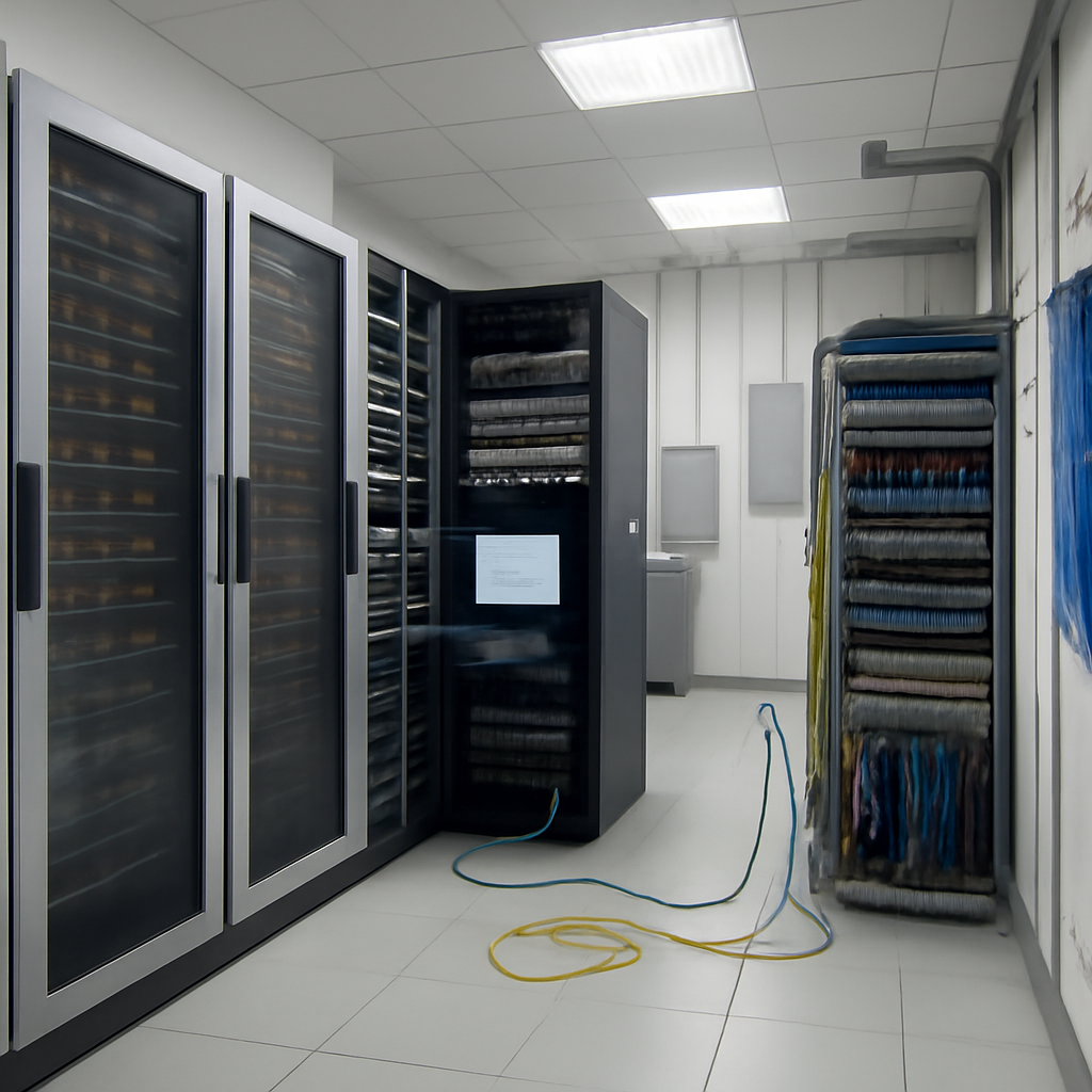 Rows of computer servers, routers, and equipment in a brightly-lit network operations area.
