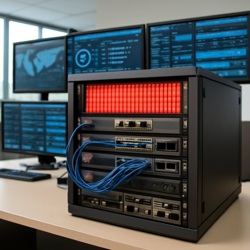 Network equipment rack with generic devices and cables in a control room with a blurred cityscape background.