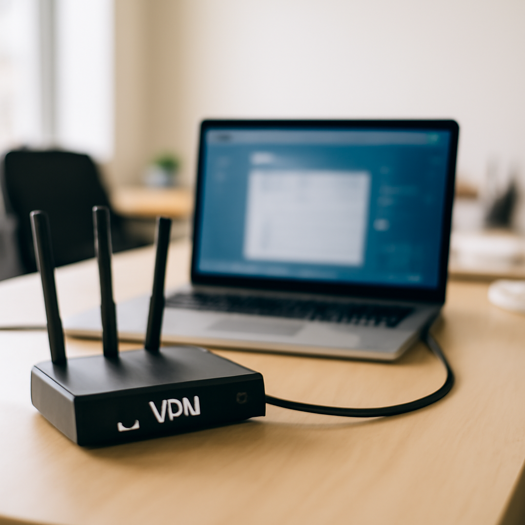 Remote worker's office setup with laptop and VPN router.