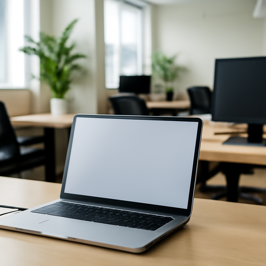 Laptop workstation on a desk in a well-lit office setting with chair and plants nearby.