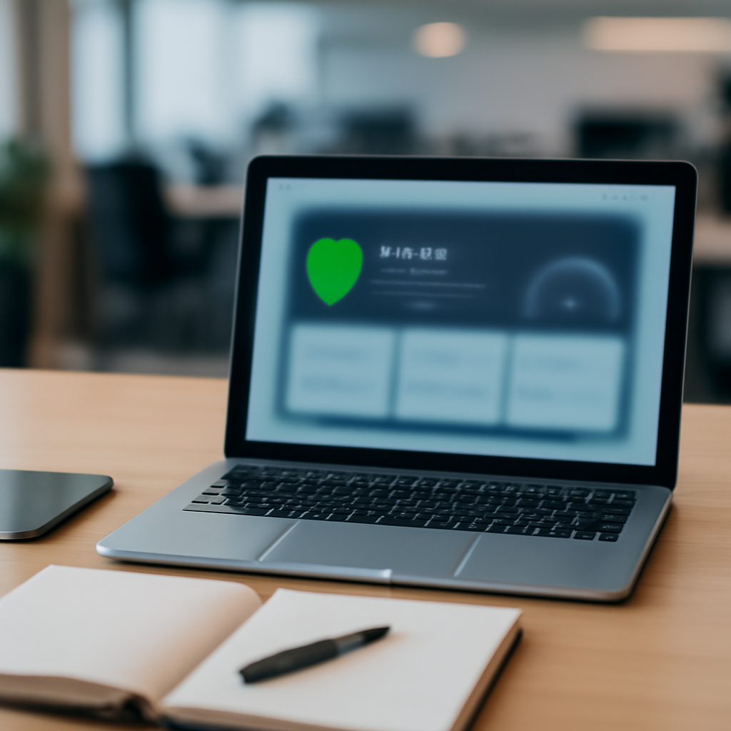 Modern computer workstation with security software dashboard and office background.