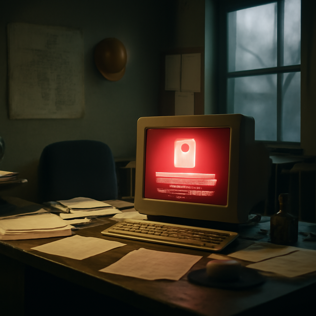 Dimly lit office with cluttered desk, old computer displaying ransomware warning, and gloomy sky outside.