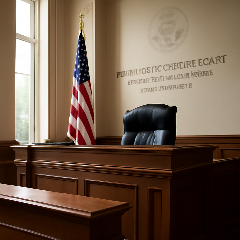 Federal courthouse interior with judge's bench, US flag, and law enforcement hint, conveying justice and authority.