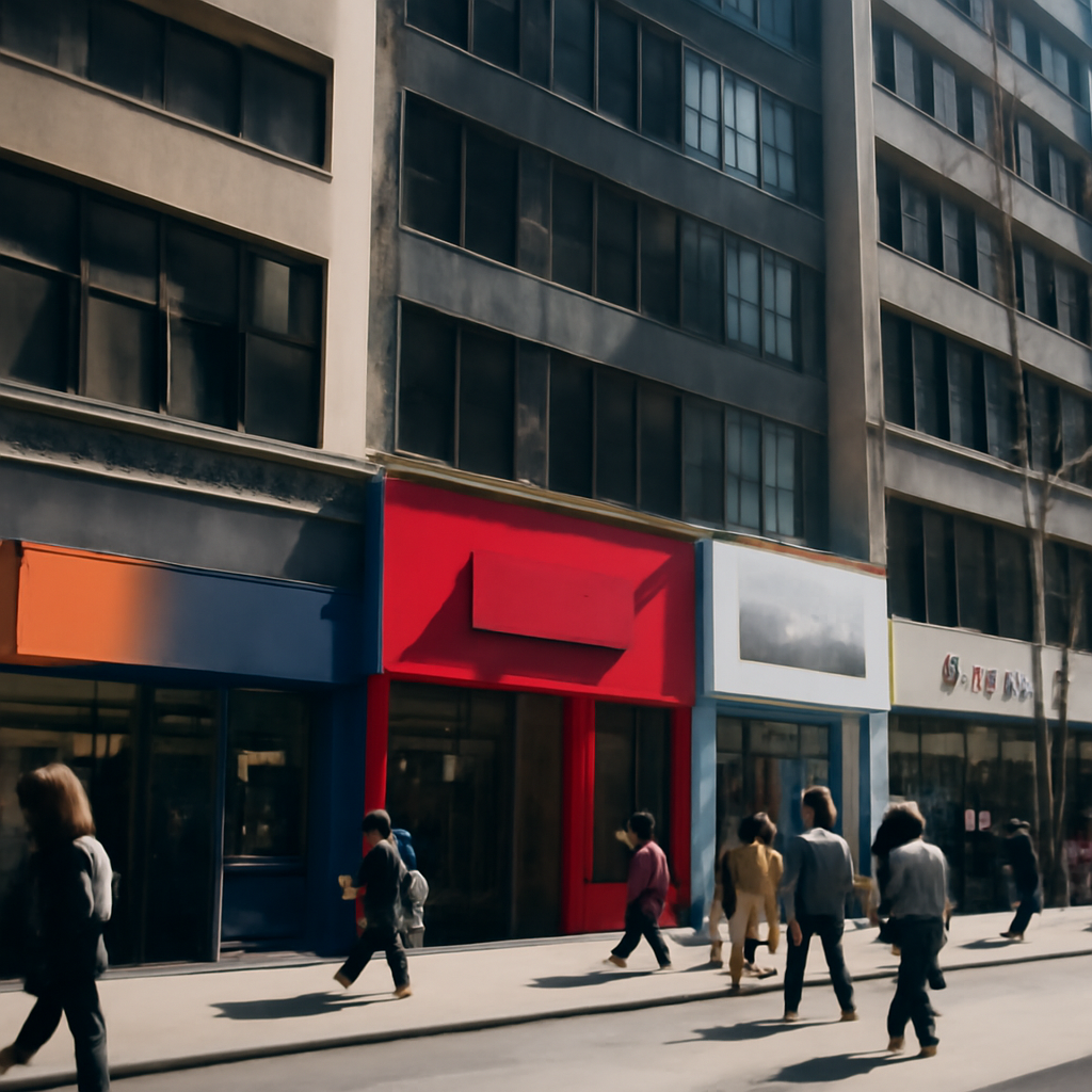 City street with busy storefronts and office buildings, hinting at disruption.
