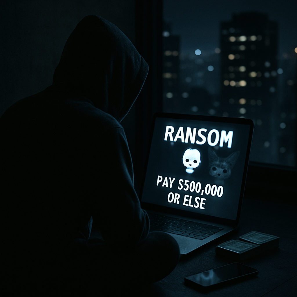 Person in hoodie sits before laptop with ransom demand, cityscape behind, cash and phone discarded beside.