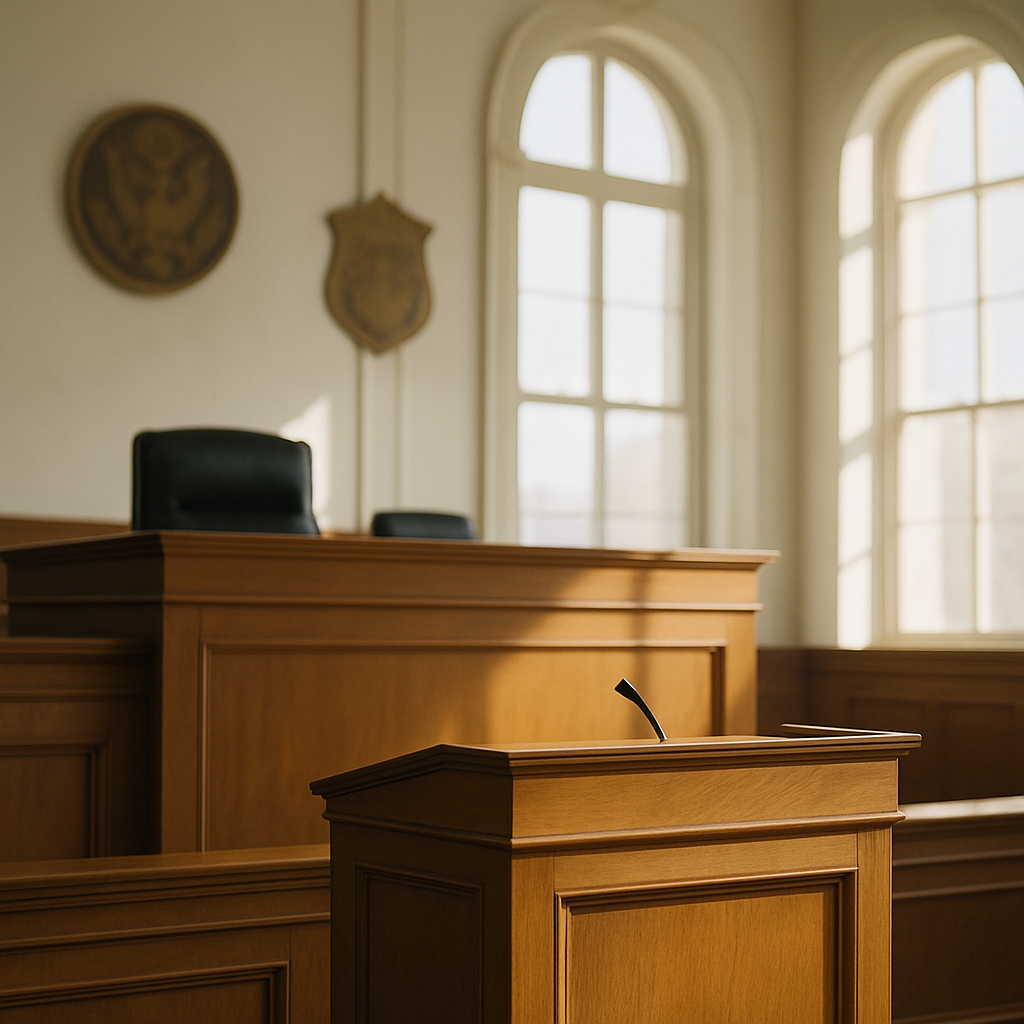Formal courthouse interior with podium and judge's bench under tall windows.