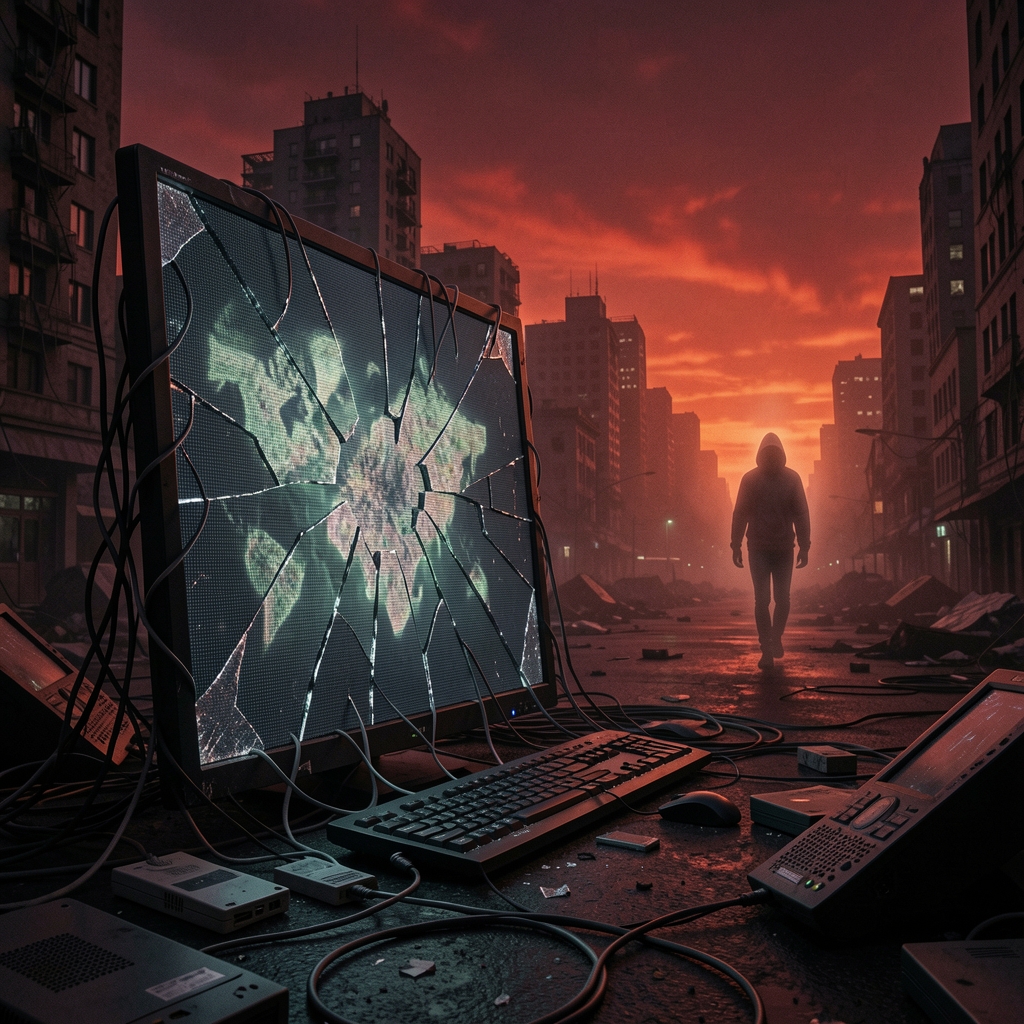 Dark cityscape with shattered digital screen displaying distorted map, surrounded by tangled wires and computer debris.