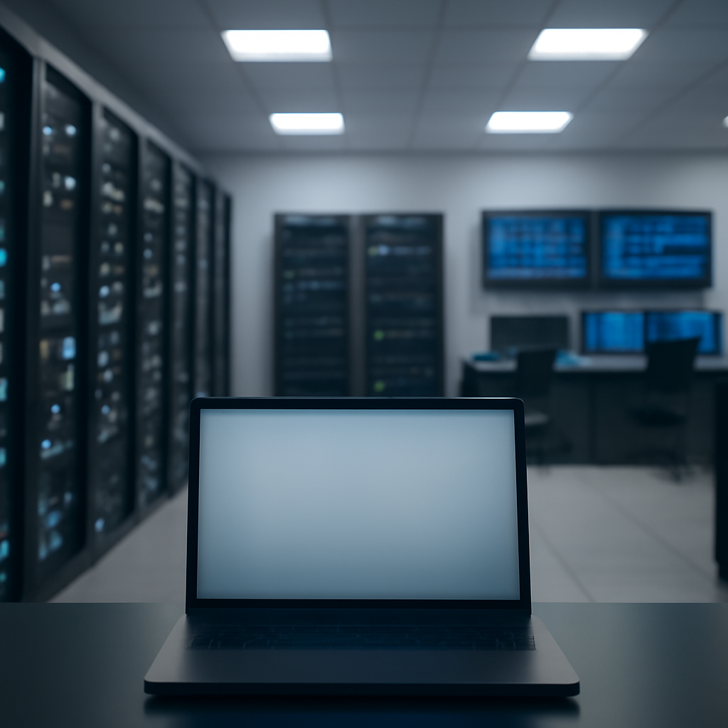 Server room with equipment racks and monitors, a lone blank laptop screen in foreground.