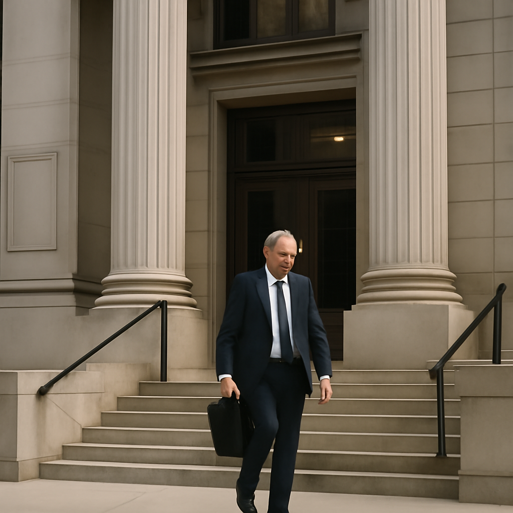 Person in business attire walks into/out of government building with neutral expression.