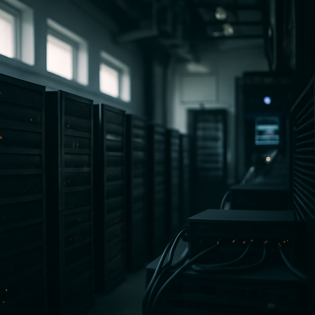 Rows of computer servers and storage equipment in a dimly lit data center with soft ambient daylight.