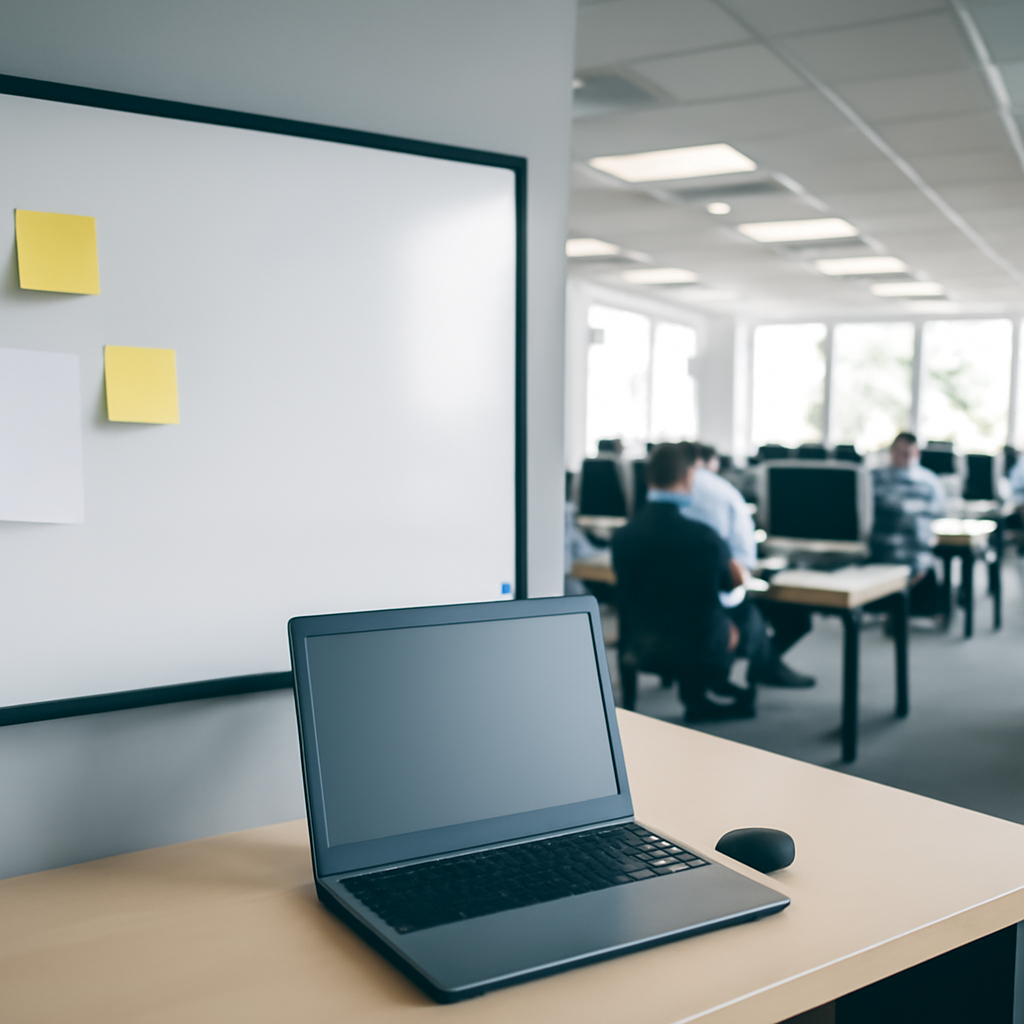 Corporate office interior with employees working, featuring a large blank whiteboard in the foreground.