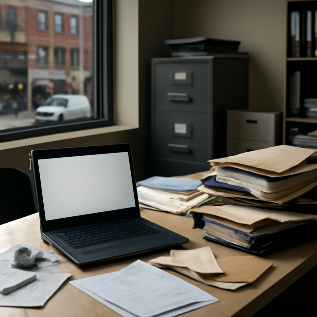 Small business office with computer workstation, papers, and city street view through window.