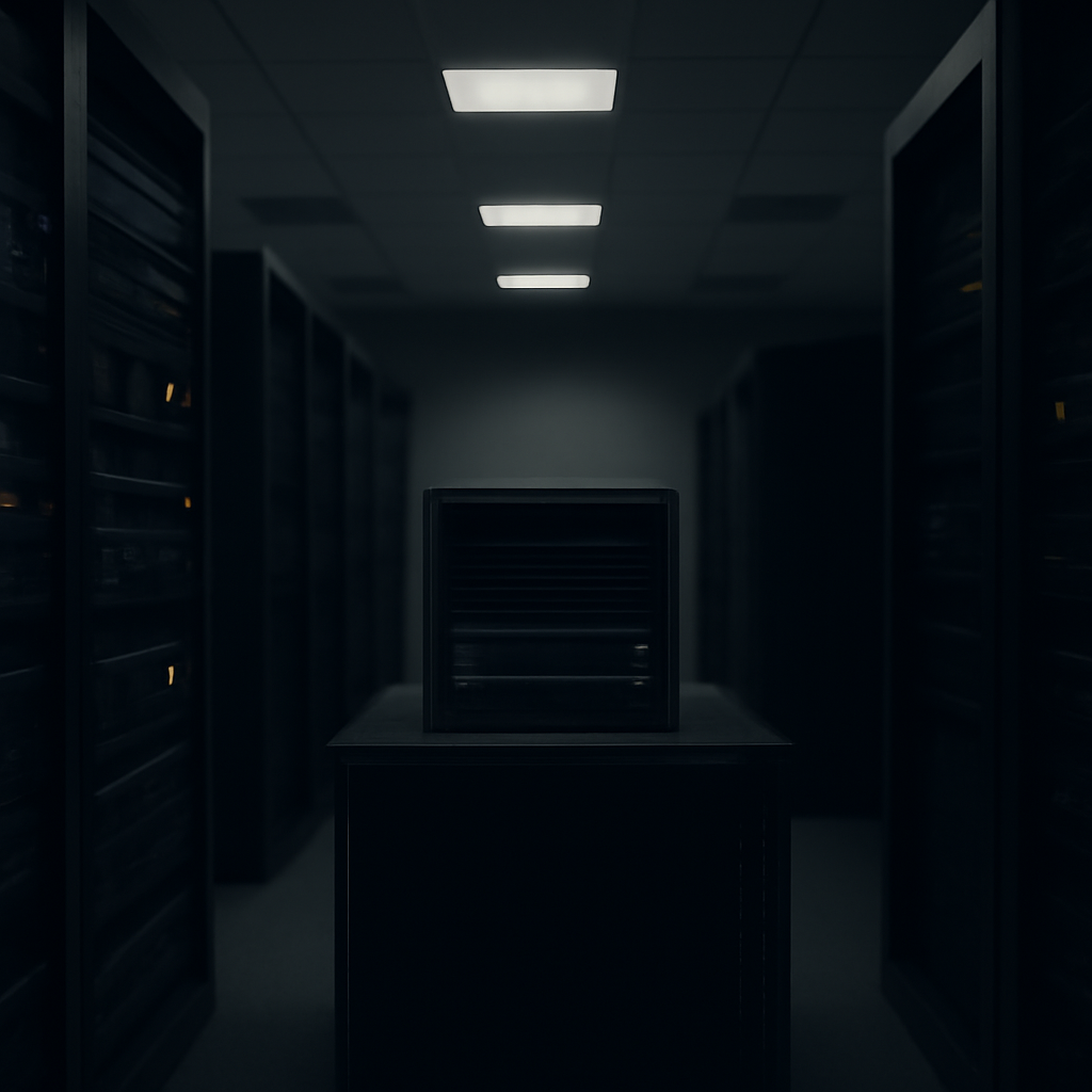 Darkened server room with rows of storage systems and backup infrastructure, a single workstation in the center under…