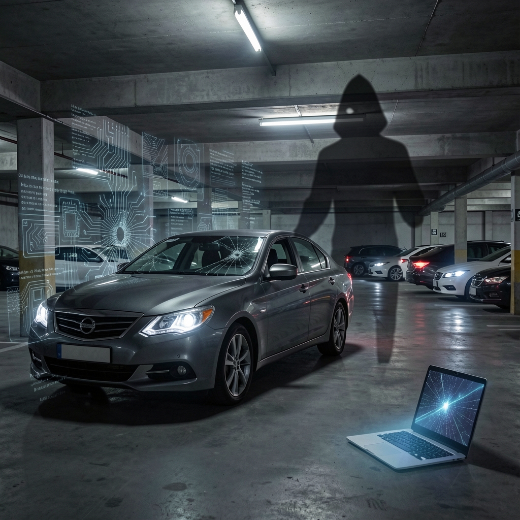Dark parking garage with locked car, shattered windows, and eerie glow of code and circuit boards, with menacing hacker…