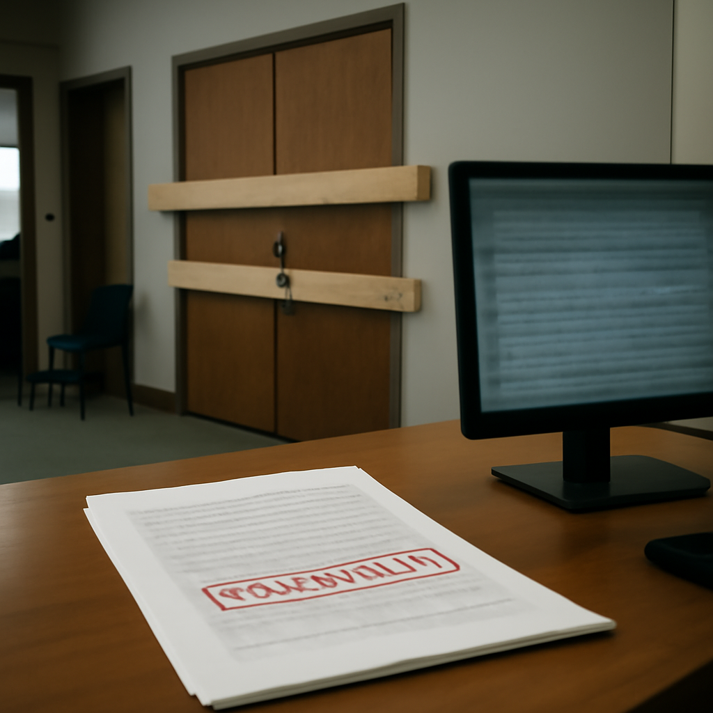 Government office with a barricaded door and encrypted computer screen.
