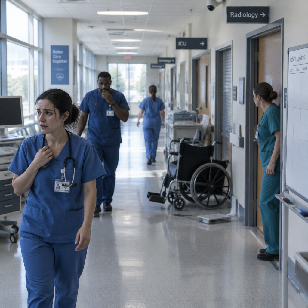 Hospital corridor with medical staff amidst closed department doors, natural daylight casting a calm atmosphere.