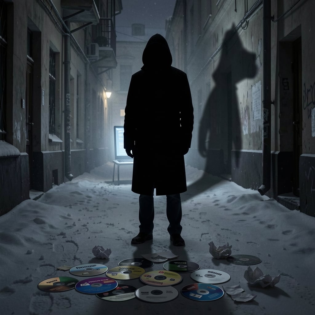 Silhouetted figure in a Moscow alleyway with wolf-like shadow, laptop screen glowing in background.