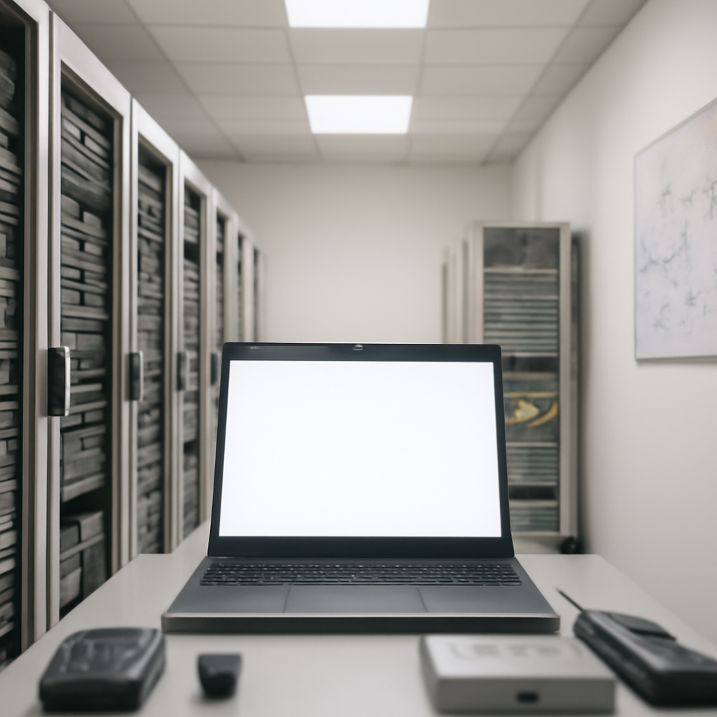 Server room with rows of equipment and a central console workstation.