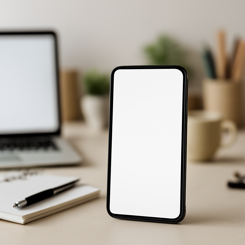 Smartphone on cluttered desk with blank screen and nearby laptop.