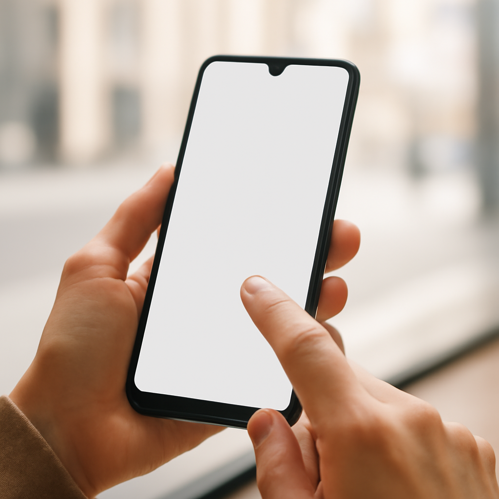 Person holding Android smartphone with blank screen in urban setting.